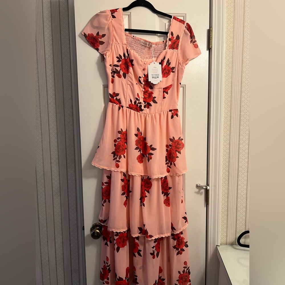 Ivy City Co Pink Maxi Dress with Red Floral Print